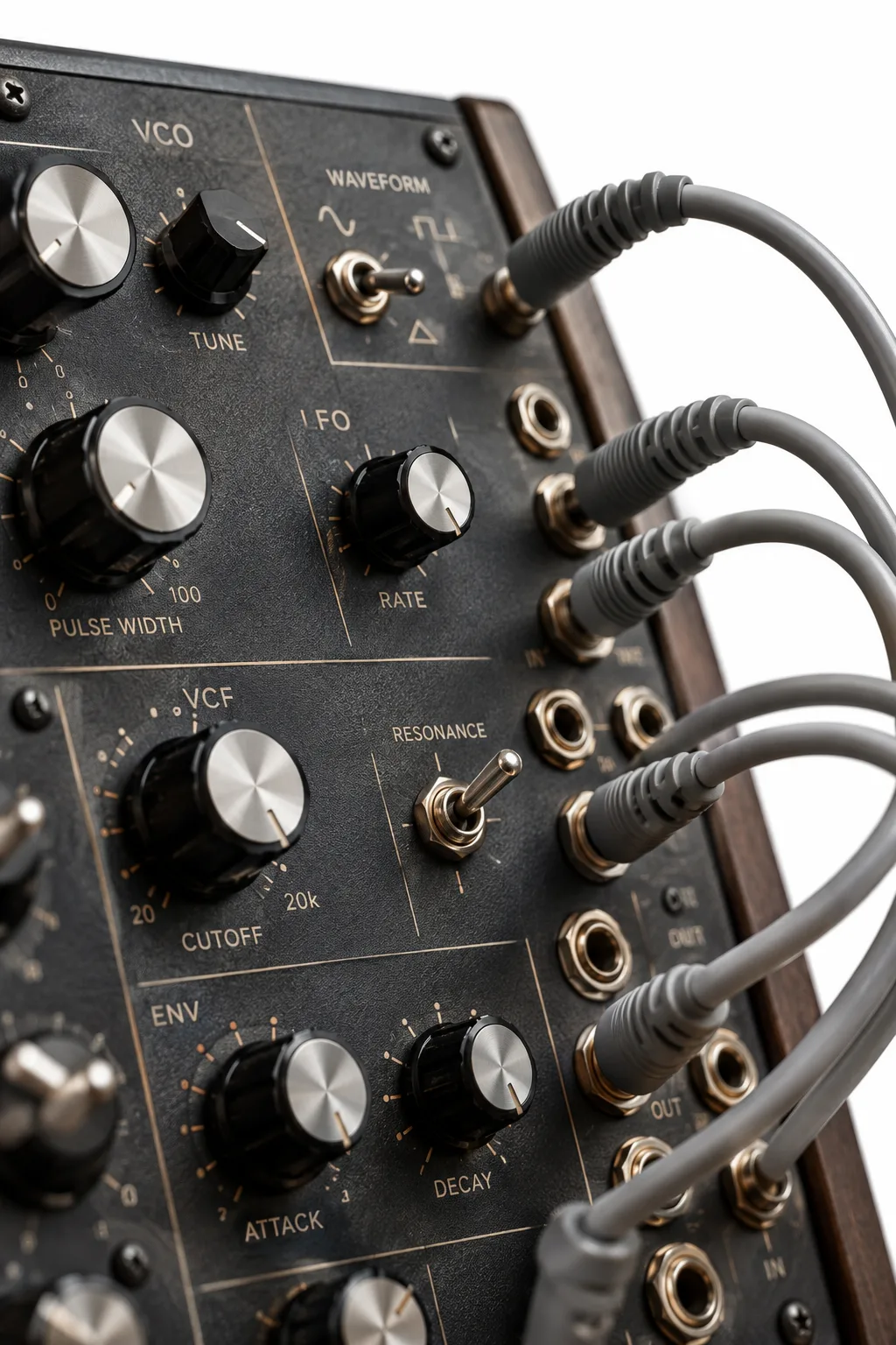 futuristic modular synthesizer with glowing cables, ambient studio lighting, close macro view